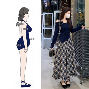 修身 秋季 套装 时尚 显瘦露肩系带T恤上衣格子高腰半身裙两件套 新款