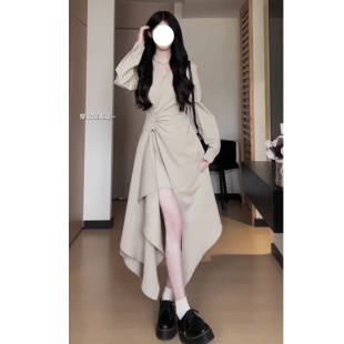 设计感裙子2025秋冬不规则拉链连衣裙女大码 胖MM气质掐腰开叉长裙