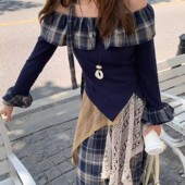 新款 女秋季 蕾丝半身裙两件套 套装 微胖波西米亚复古一字肩格子长袖