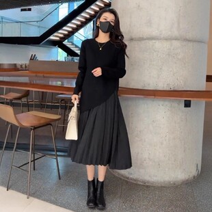 雪纺拼接假两件连衣裙胖mm法式 大码 新款 秋季 过膝显瘦百褶裙子 女装