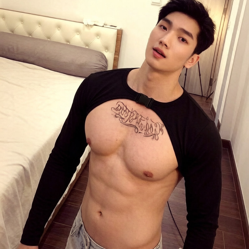 男士黑色露肩修身长袖T恤运动健身速干背心设计感露胸超短上衣