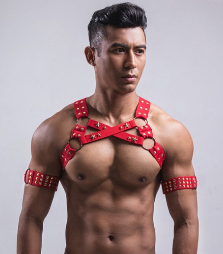 显大胸带肌肉男士健身性感GAY白趴跳舞蹈表演装饰 吊带背心束肩带