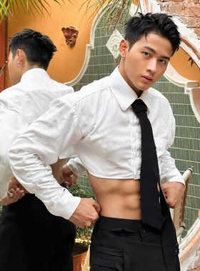 翻领短款长袖衬衣春秋新款百搭时尚男衬衫外开衫上衣休闲宽松外套