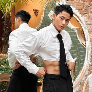 翻领短款长袖衬衣春秋新款百搭时尚男衬衫外开衫上衣休闲宽松外套