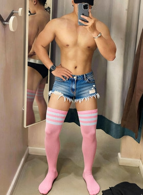 夏季男士cosplay条纹过膝长筒袜