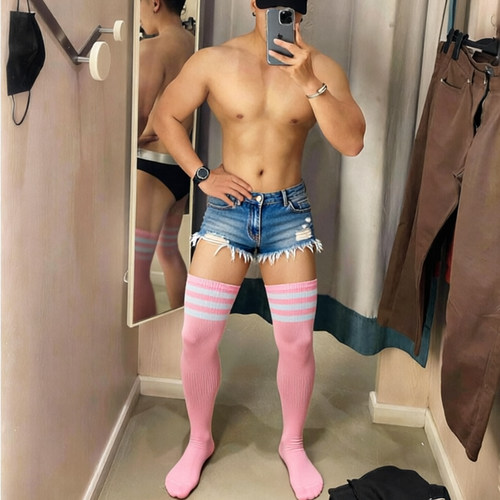 夏季男士cosplay条纹过膝长筒袜