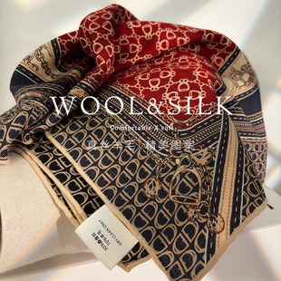 复古红黑马镫花扣!丝毛围巾女冬季保暖真丝羊毛方巾披肩领巾两用