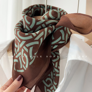 「复古·知性」双绉真丝丝巾女春夏季 饰领巾 棕绿色系桑蚕丝围巾装