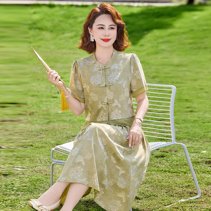 中式盘扣印花夏短袖中长款两件套