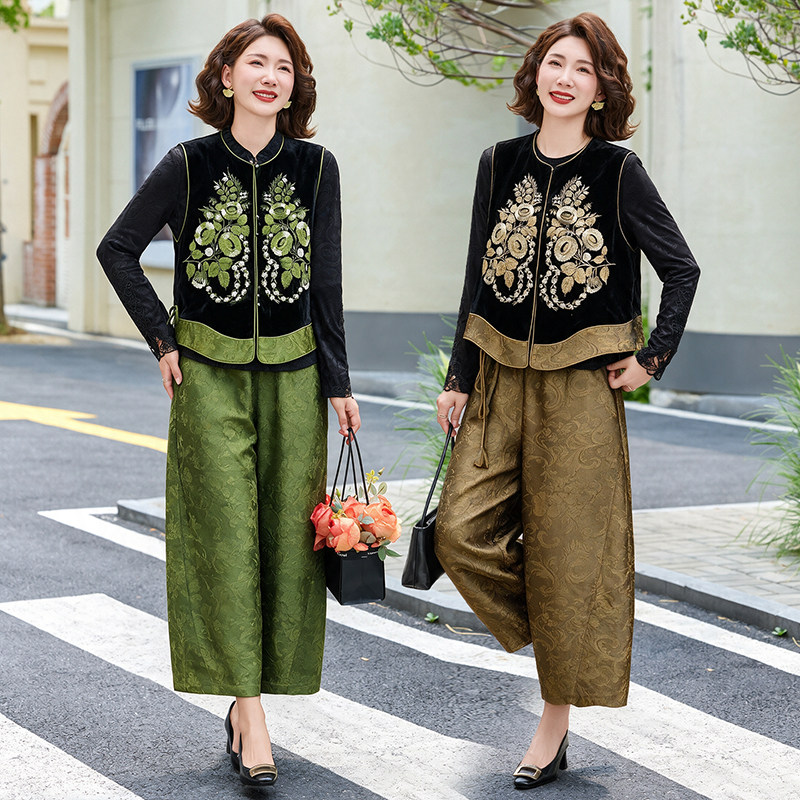 新中式刺绣马甲三件套女春秋丝绒