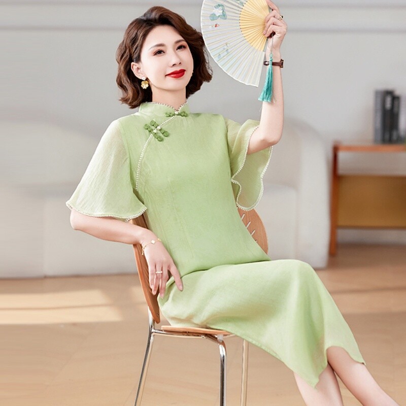 新中式女装绿色提花盘扣古法旗袍日常可穿素雅夏季气质国风连衣裙