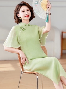 新中式女装绿色提花盘扣古法旗袍日常可穿素雅夏季气质国风连衣裙