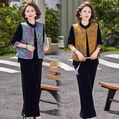 春季新中式妈妈装丝绒马甲三件套