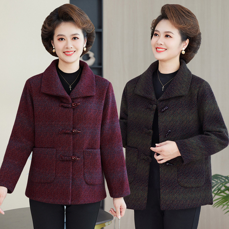 中老年女加厚毛呢盘扣短款外套