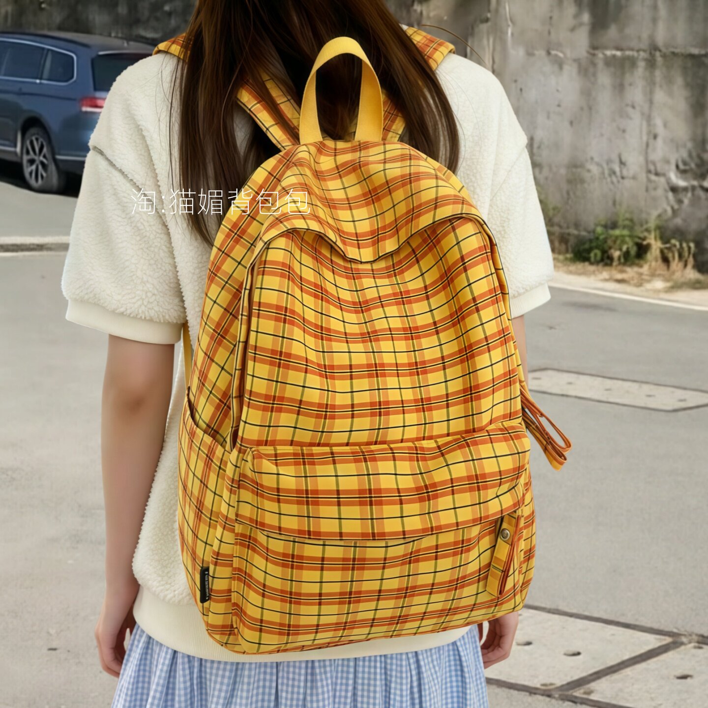 书包女大学生轻便电脑尼龙双肩包日常通勤百搭格纹背包初中小学生