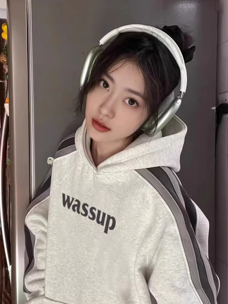 DGCR WASSUP条纹连帽卫衣女2024新款爆款美式oversize外套国潮ins