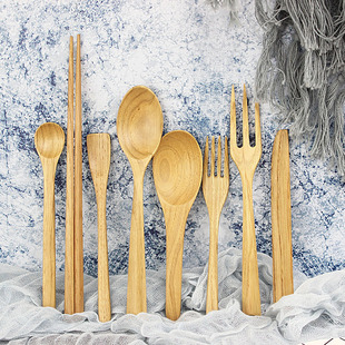 栗木套装 实木刀叉勺 汤勺木叉木制木刀蜂蜜搅拌勺栗木筷子涂抹刀
