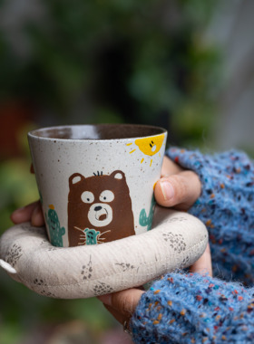景德镇手绘釉下彩可爱熊猪口杯咖啡拉花杯下午茶手握杯茶杯礼物