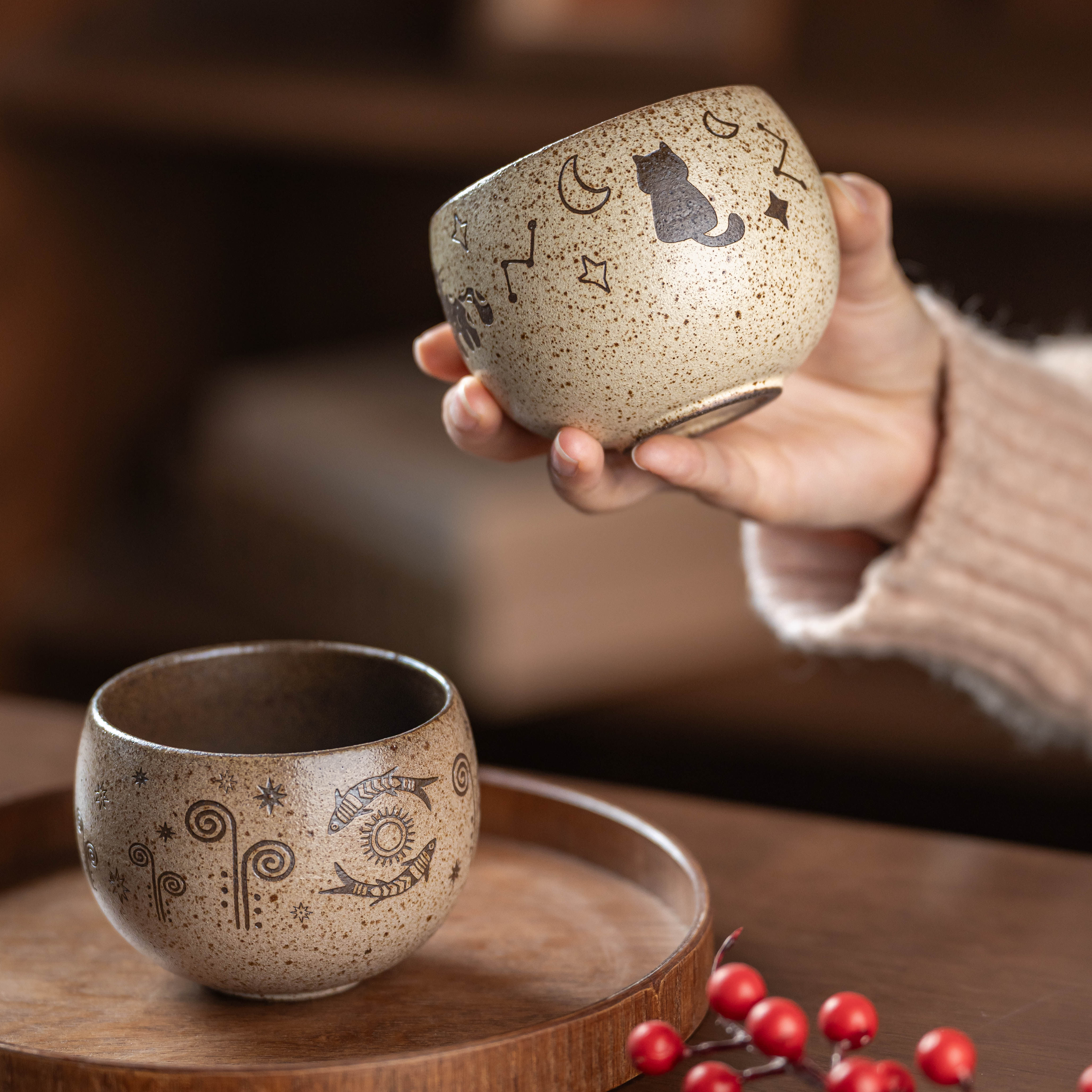 景德镇复古手作马克杯粗陶蛋形杯釉下彩手握杯拿铁咖啡杯拉花茶杯