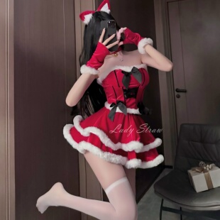 圣诞主题连衣裙cos小狐狸性感纯欲红色毛绒抹胸裙圣诞节服装女