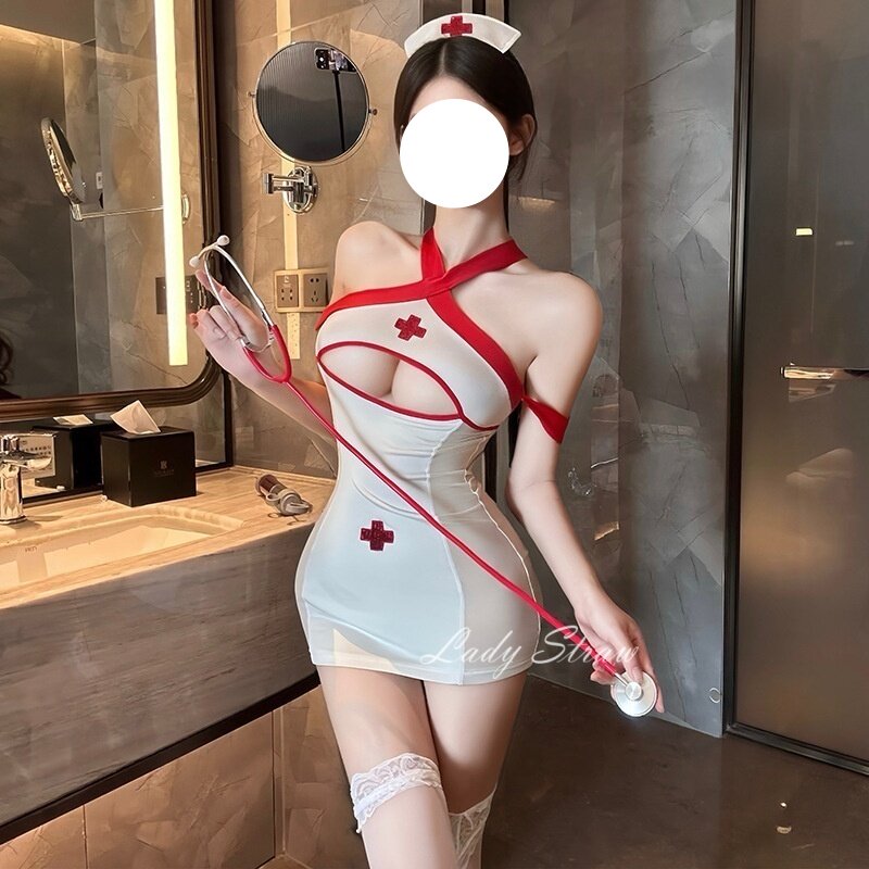 「LS」禁欲透白  性感镂空挂脖紧身护士裙情侣约会氛围禁欲系睡裙