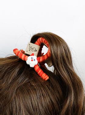 橙色毛线抓夹小发抓可爱卡通鲨鱼夹短烫发发卡后脑勺头花女2024新