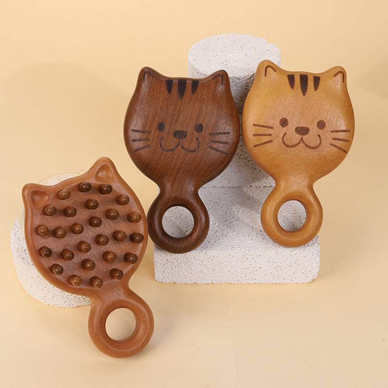 金檀木小猫指环钉钉梳可爱实木梳子按摩梳头部经络梳小巧便携