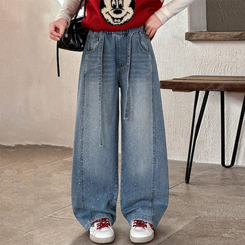 女童牛仔裤子宽松直筒弯刀阔腿裤