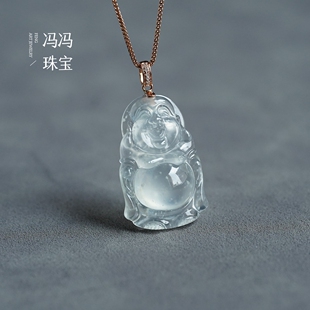 冯冯珠宝天然玻璃种老坑翡翠玉佛吊坠站佛挂件莹润雪花棉百事从心