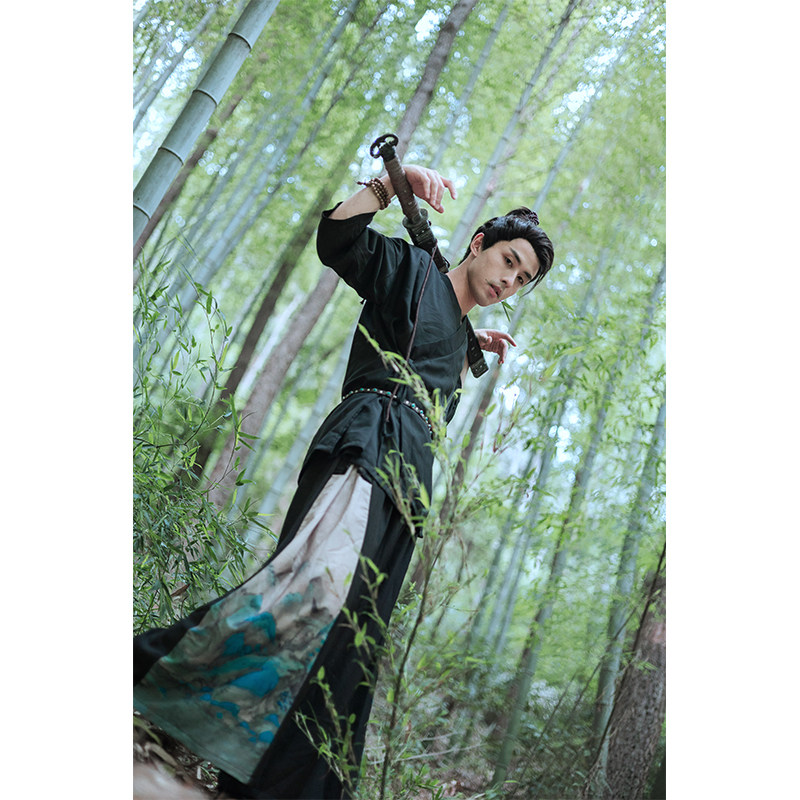 夏季中国风山水墨拼接休闲长裤汉服男女款宽松唐装复古新中式裤子