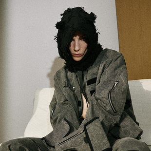 ATLB暗黑个性 糜烂水洗恶魔角耳朵套头帽子男仿毛线冷帽女