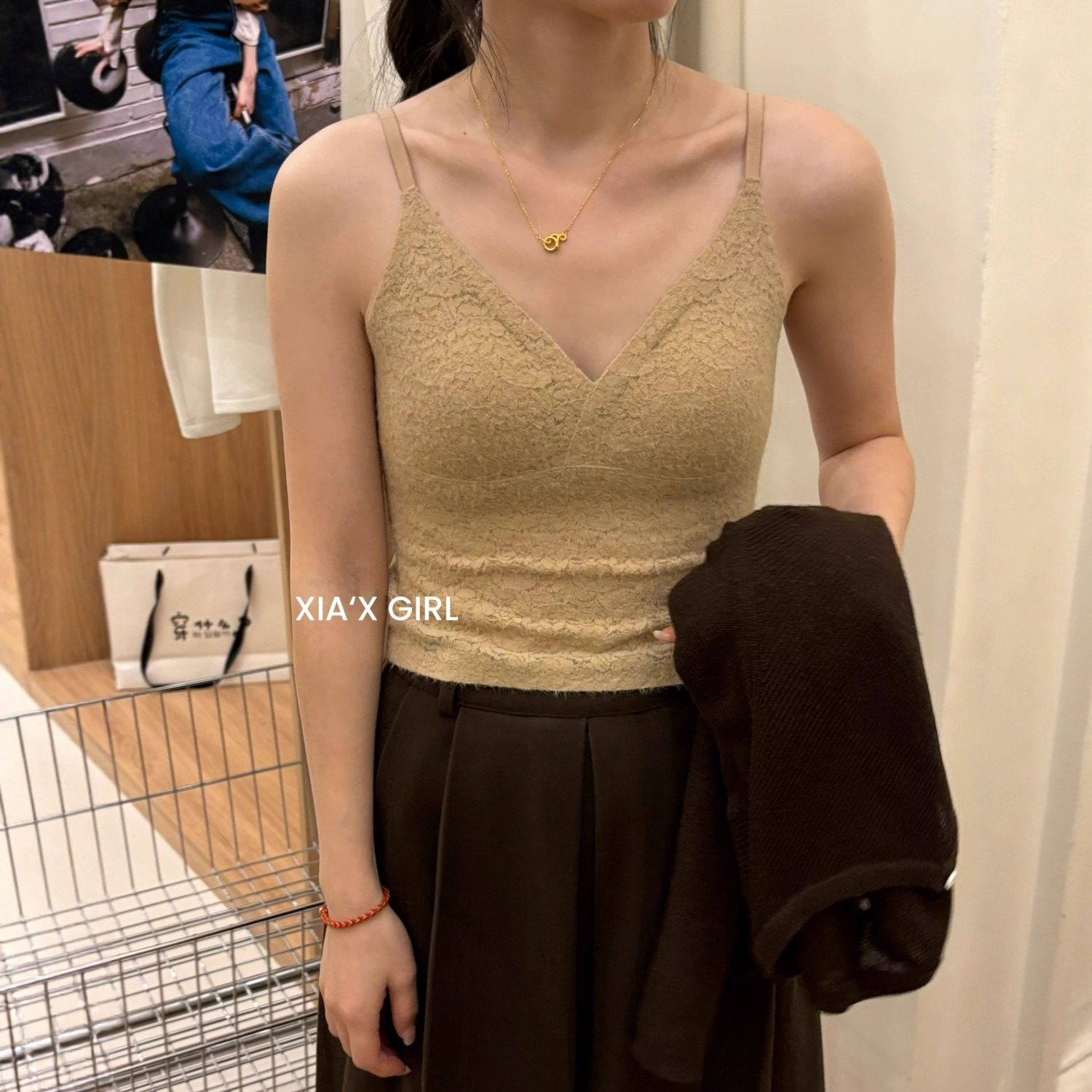 FAFA羽毛蕾丝法式吊带背心女固定一体杯无痕保暖打底美背女上衣