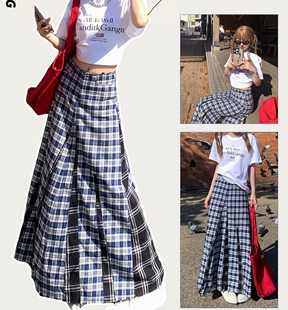 美式学院风拼接格纹半身裙女2025新款高腰显瘦撞色大码a字中长裙