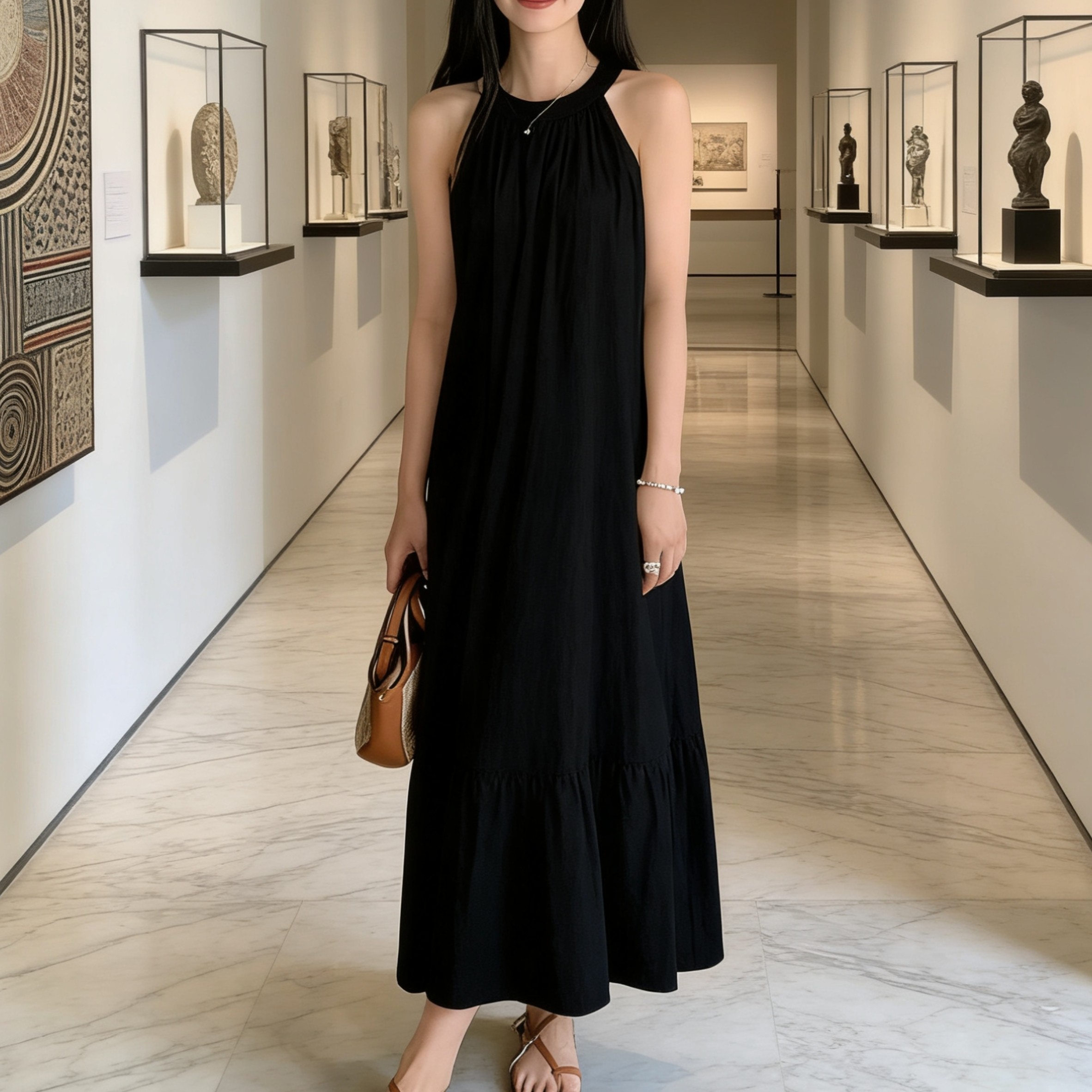 黑色无袖挂脖吊带连衣裙子女夏季新款海边度假沙滩长裙高级感时尚