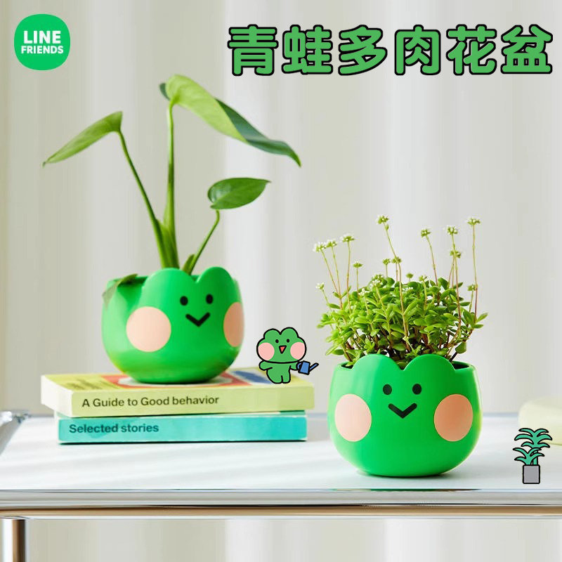 LINE FRIENDS青蛙多肉花盆可爱盆室内小型迷你透气种植盆桌面摆件