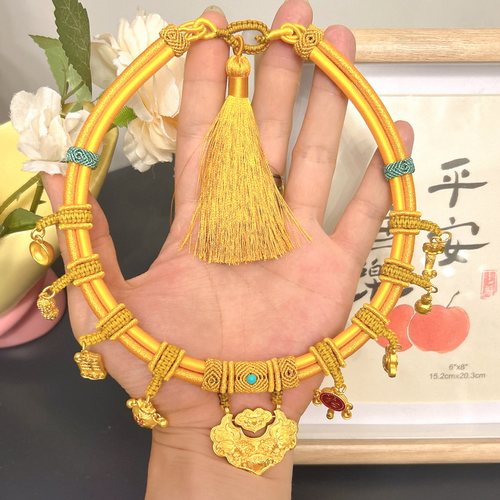 网红爆款宝宝周岁项圈金锁挂绳抓周拍照婴儿平安锁手工编绳双圈