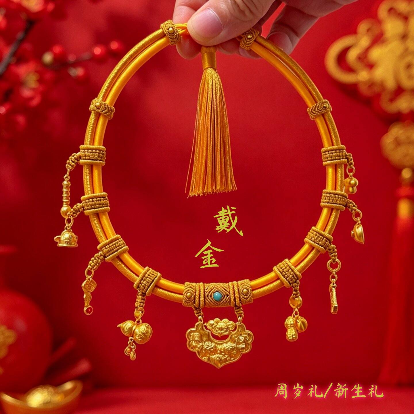 戴金项圈周岁道具新生婴儿百岁金锁脖圈挂绳宝宝长命锦锂锁编绳