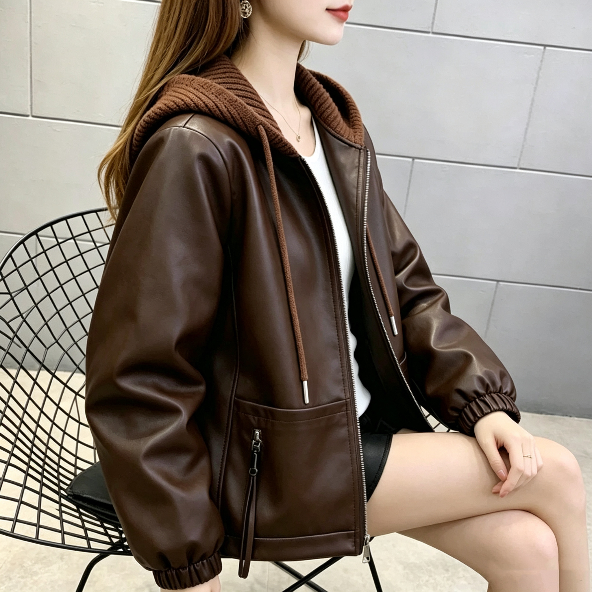 皮衣外套女2026春秋新款宽松休闲落肩袖可拆针织帽短款百搭皮夹克