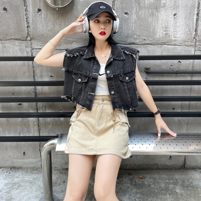 韩版不规则设计感小众牛仔马甲女夏士背心马夹流苏短款上衣宽松潮