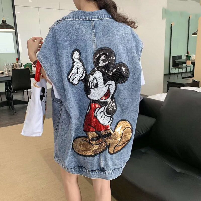 港味休闲牛仔马甲女夏春宽松珠片米奇百搭工装胖mm无袖马夹大口袋
