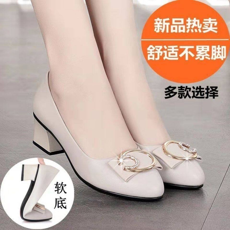 品牌真皮浅口单鞋女粗跟水钻蝴蝶结软底职业鞋中跟时尚舒适妈妈鞋