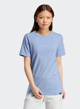 adidas阿迪达斯2025夏女运动休闲短袖舒适弹力圆领T恤蓝色 JX5323
