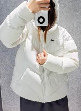 耐克白色短款羽绒服女2024保暖连帽外套面包服厚外套HF7871-100