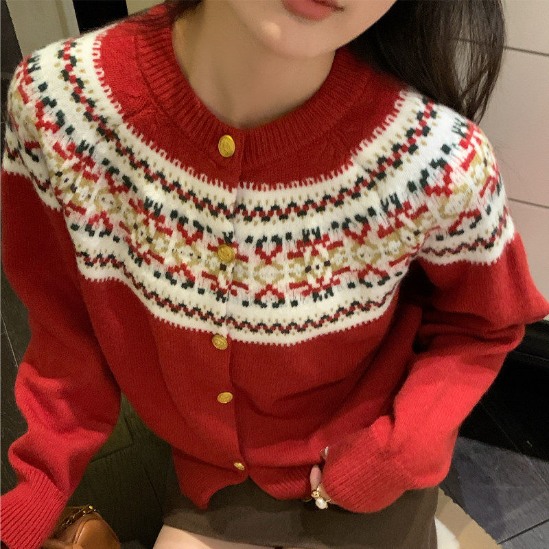 红色费尔岛风针织开 衫外套女2025年春秋新款毛衣内搭长袖打底上,个性定制/设计服务/DIY,棉服工装,淘宝优惠券,粉丝福利购,淘宝优惠卷