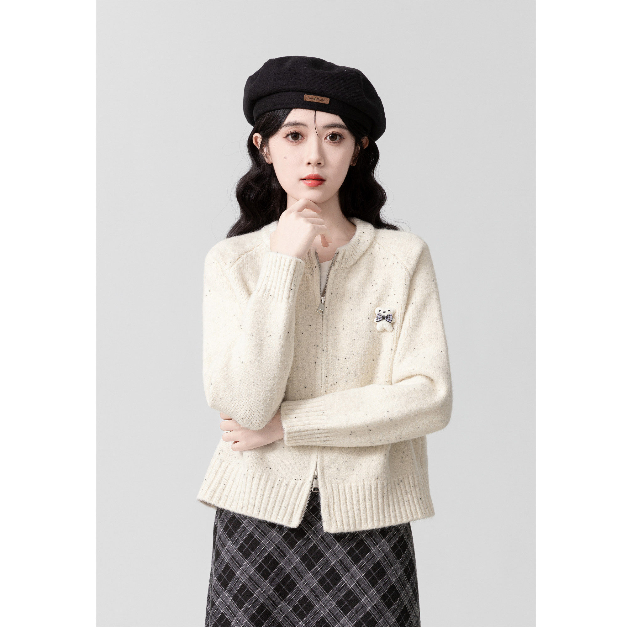 杏色短款拉链开衫 2025秋冬复古毛衣外套 小个子短上衣,女装/女士精品,毛衣,淘宝优惠券,粉丝福利购,淘宝优惠卷