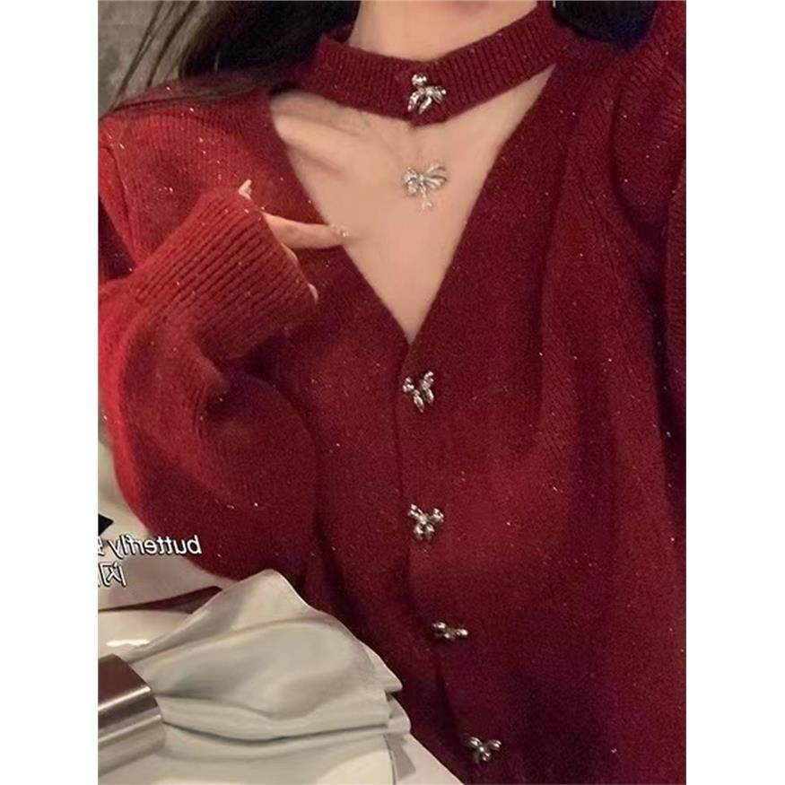 新年红色氛围感挂脖v领亮丝针织开衫女秋冬季小香风毛衣外套上衣,个性定制/设计服务/DIY,棉服工装,淘宝优惠券,粉丝福利购,淘宝优惠卷