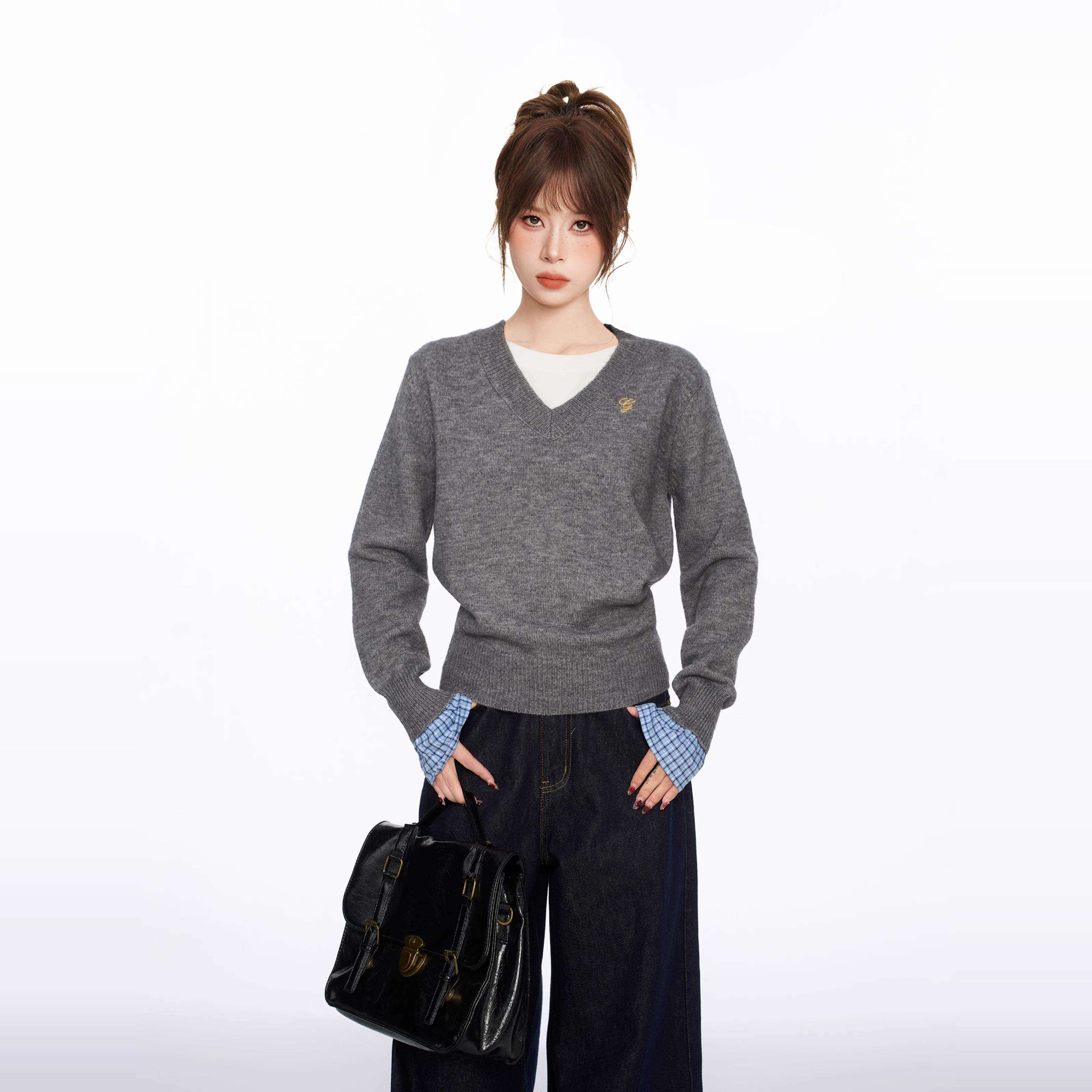 灰色V领假两件长袖针织毛衣女早春季短款内搭打底衫修身上衣春秋,个性定制/设计服务/DIY,棉服工装,淘宝优惠券,粉丝福利购,淘宝优惠卷