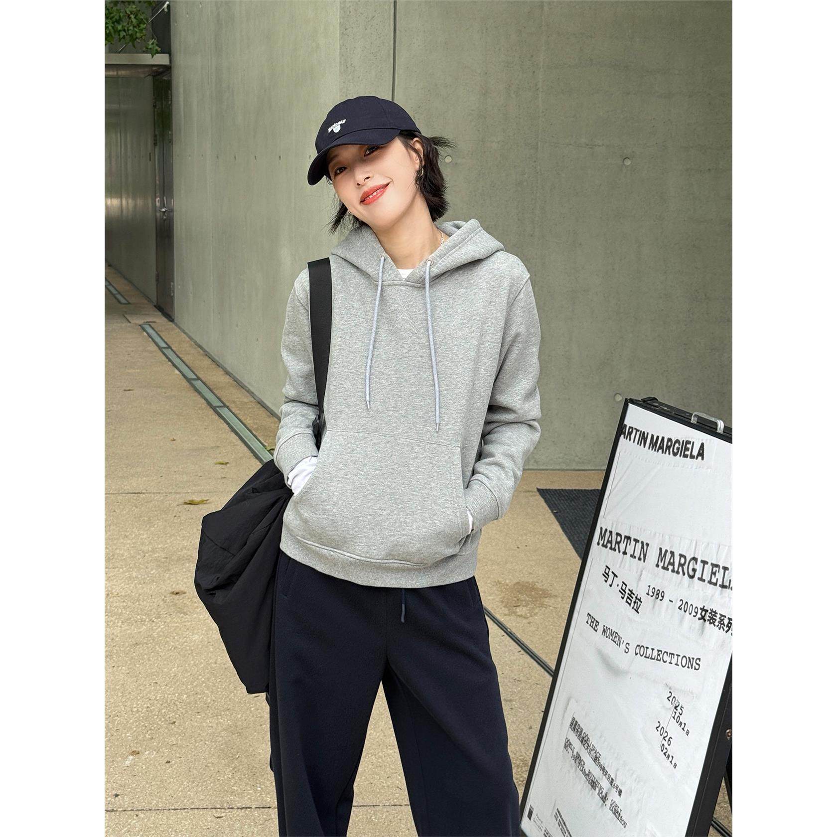 浪清灰色加绒卫衣女秋连帽2025新款新款长袖上衣抽绳休闲打底帽衫