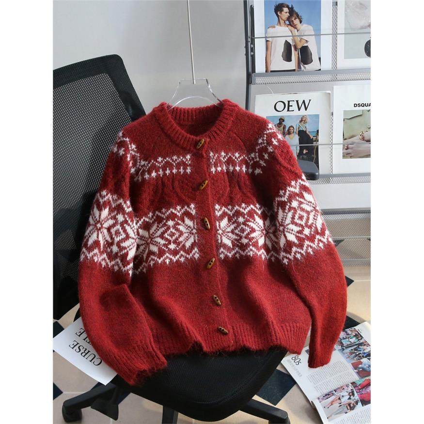 覆古费尔岛提花牛角扣红色毛衣外套女2025秋冬新款慵懒风针织开衫,个性定制/设计服务/DIY,棉服工装,淘宝优惠券,粉丝福利购,淘宝优惠卷