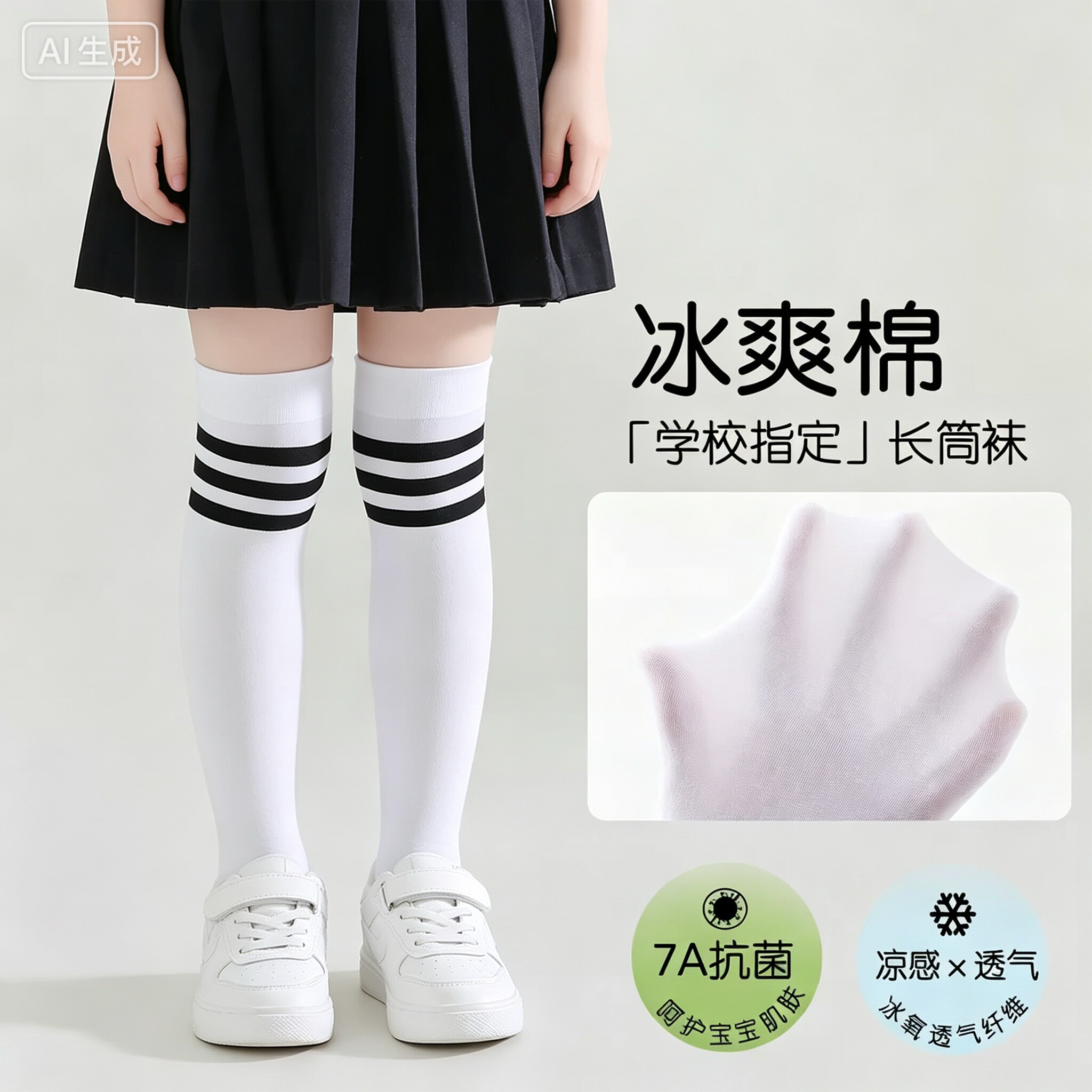 7A级抑菌运动袜夏季薄款男童长筒袜夏女童过膝袜网眼学生长筒袜